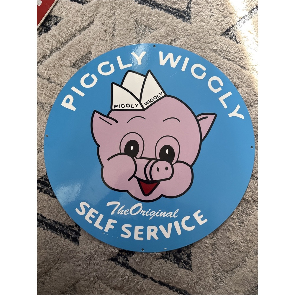 Vintage Piggly Wiggly Sign - Grocery Store Gas Porcelain Self Service Sign 19x19
